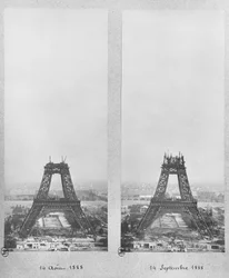 Dos vistas de la construcción de la Torre Eiffel, París, 14 de agosto y 14 de septiembre de 1888